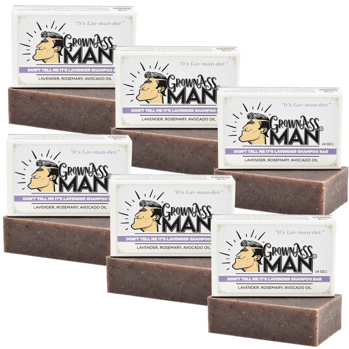 Solid Shampoo Bar Rich Lather 3 in 1: Hair, Beard & Body Wash - Plastic Free & Eco-Friendly, Natural & Organic for All Hair Types, 4oz Bar (Don't Tell Me It's Lavender, 6-Pack)