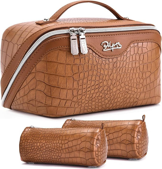 BOYATU Travel Makeup Bag Cosmetic Bags for Women: 3 Pcs Set Large Capacity Make up Bag with Handle - Crocodile Pattern Vegan Leather Toiletry Bags Travel Essentials with Compartments(E-2-Brown)