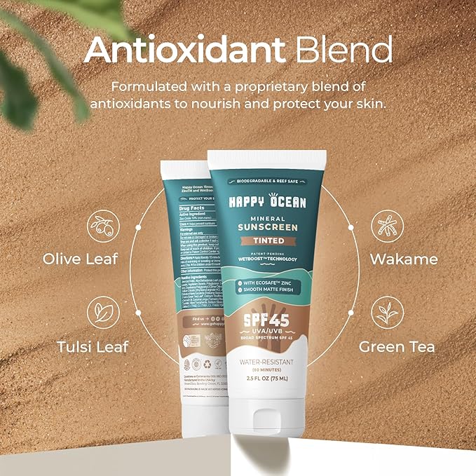 Tinted Mineral Sunscreen SPF 45 – Reef Safe Zinc Oxide Face Sunscreen with Natural Tint, Water Resistant, Travel Size 2.5 oz