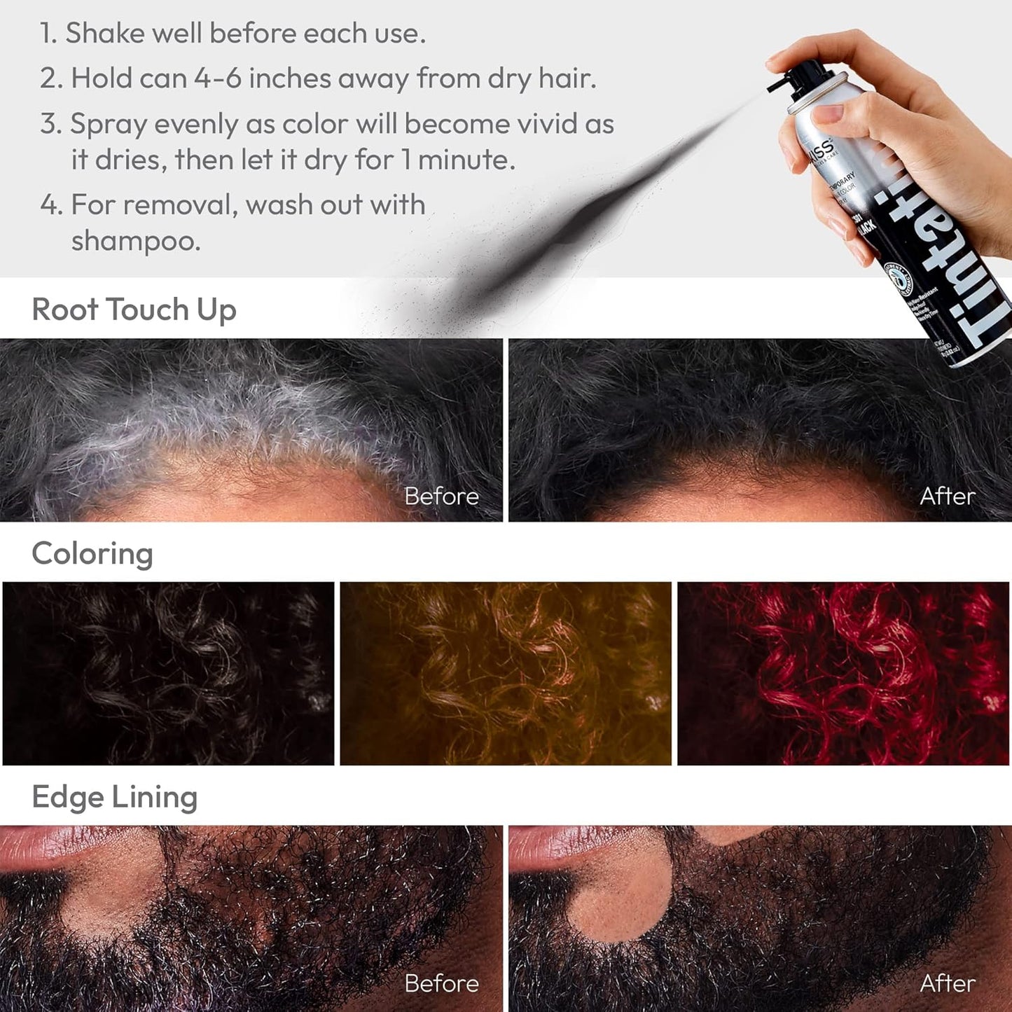 Kiss Gray Hair Concealer - Temporary Tintation Color Spray for Root Touch Up and Hair Dye 2.82 oz. 2 PACK (Black)