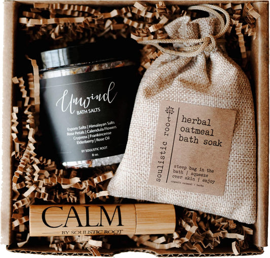 Relaxing Bath Gift Set, Luxury Spa Gifts for Women, Self Care Products for Women and Men, Calm Essential Oil Roller, Oatmeal Lavender Bath Soak & Epsom Salts with Essential Oils