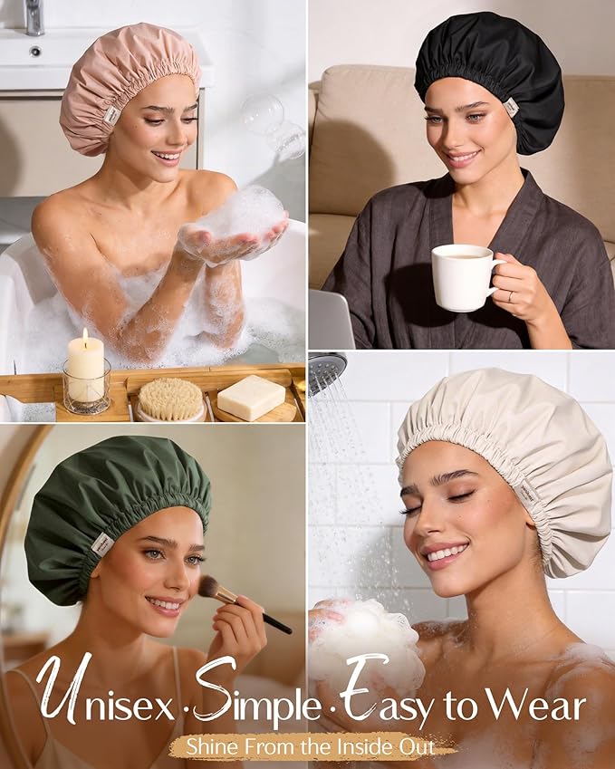 Yanibest Satin Lined Shower Cap for Women Reusable Waterproof, Large Bath Cap with Soft Elastic Band, Luxury Hair Protection Caps (Peachy Pink)