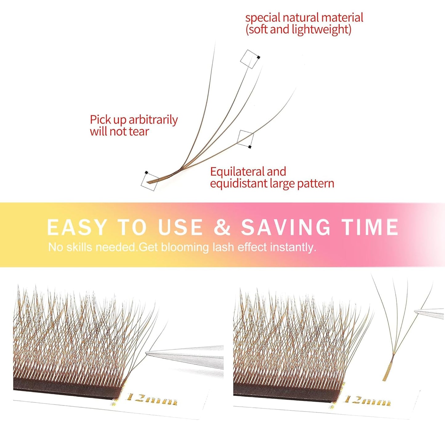 Lash Extensions Brown 4D Eyelash Extensions W Lashes 0.07mm Thickness D Curl Lashes Mix 8-15mm Colored Lashes Soft Lash Trays Pestañas Pelo a Pelo Individual Lashes(W-Brown-4D-0.07-D,8-15mm)