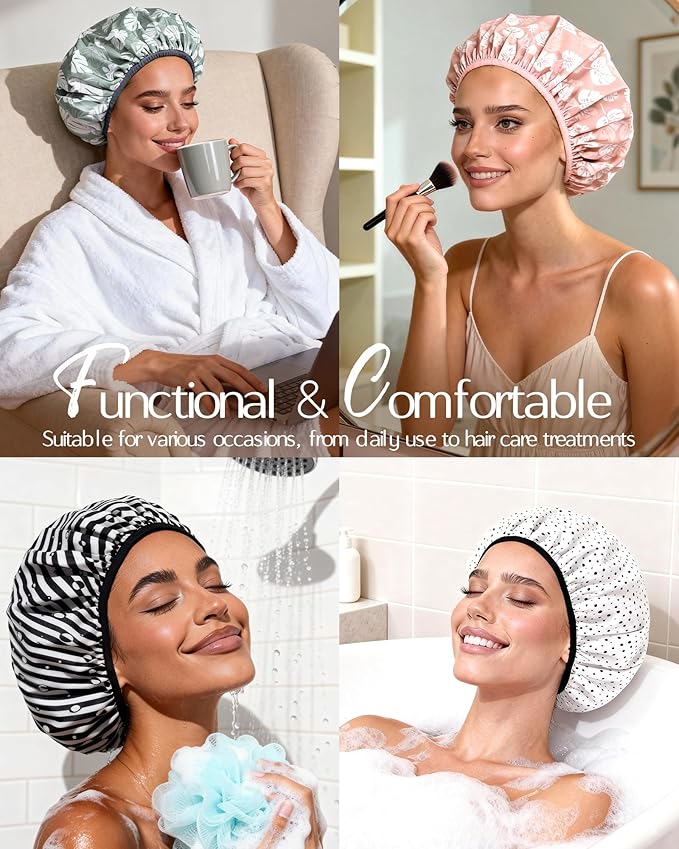 Yanibest Shower Cap for Women - Hair Satin Bonnet Shower Cap Waterproof Large Double Layer Reusable with Soft Elastic Band for Braids Long Hair