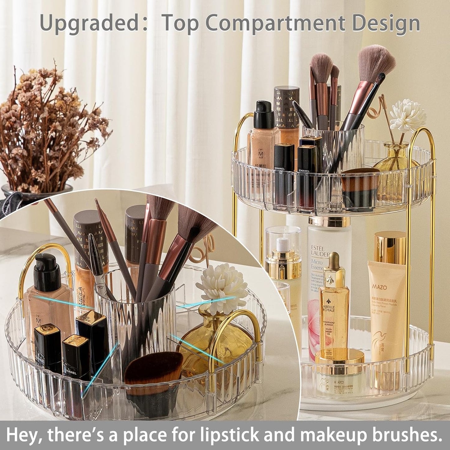 Rotating Makeup Organizer for Vanity, High-Capacity Skincare Clear Make Up Storage Perfume Organizers Cosmetic Dresser Organizer Countertop 360 Spinning (Clear, New-2 Tier)