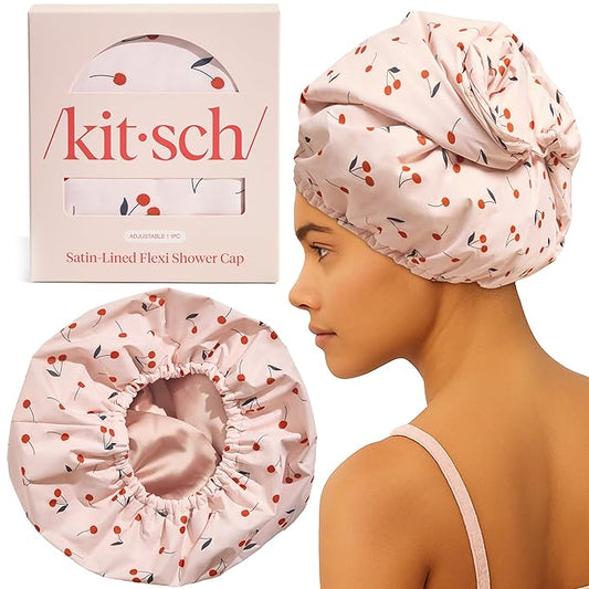 Kitsch Luxury Shower Caps for Women Reusable Waterproof - Large Shower Cap for Women, Non-slip, Quick-dry Hair Cap for Long and Short Hair, Comfortable and Stylish Design - Cherry Print