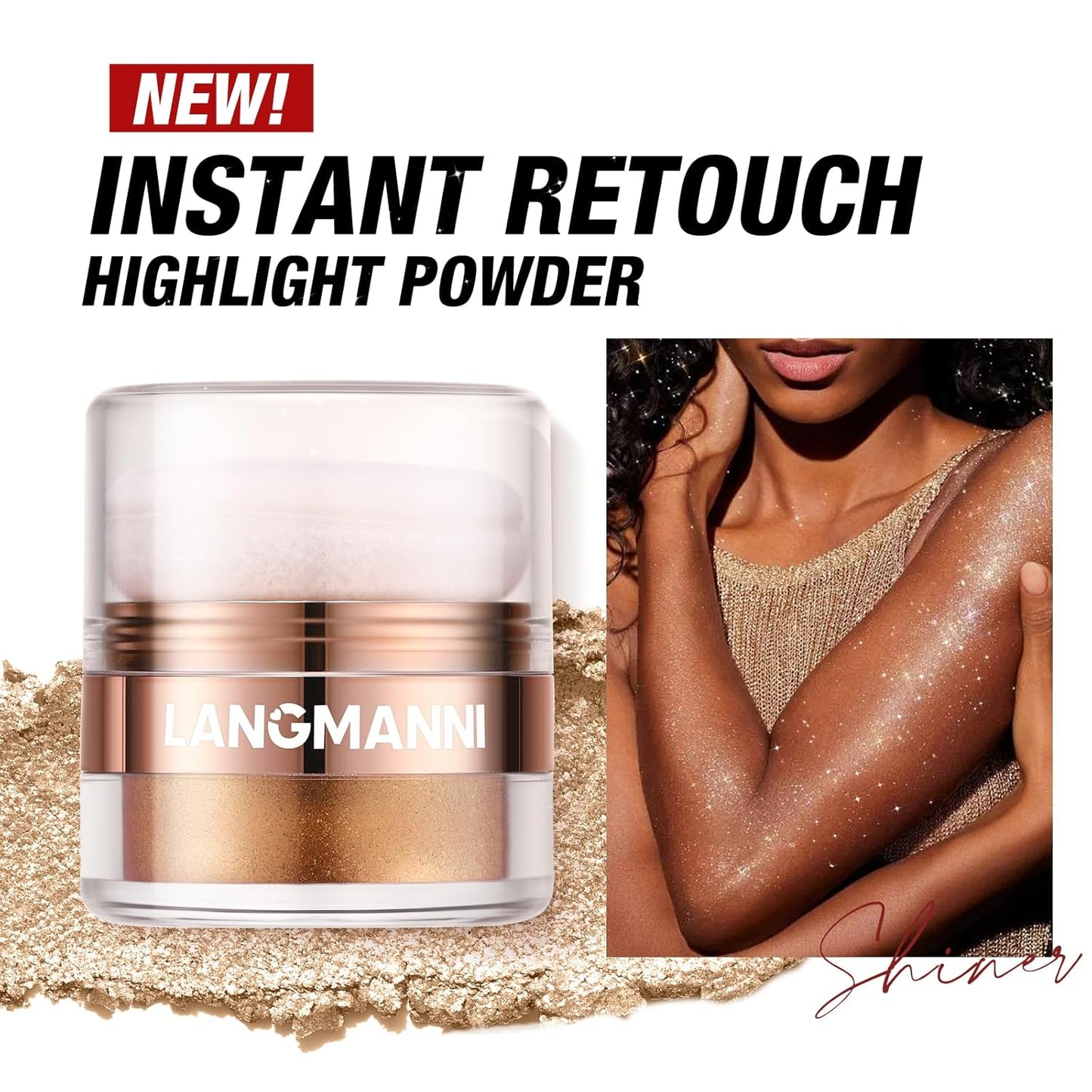 Glitter Body Highlighter Powder Body Shimmer Sparkle Face Brightening Highlighter Powder for Face Eyes Body Glow Makeup With sponge head（silvery）