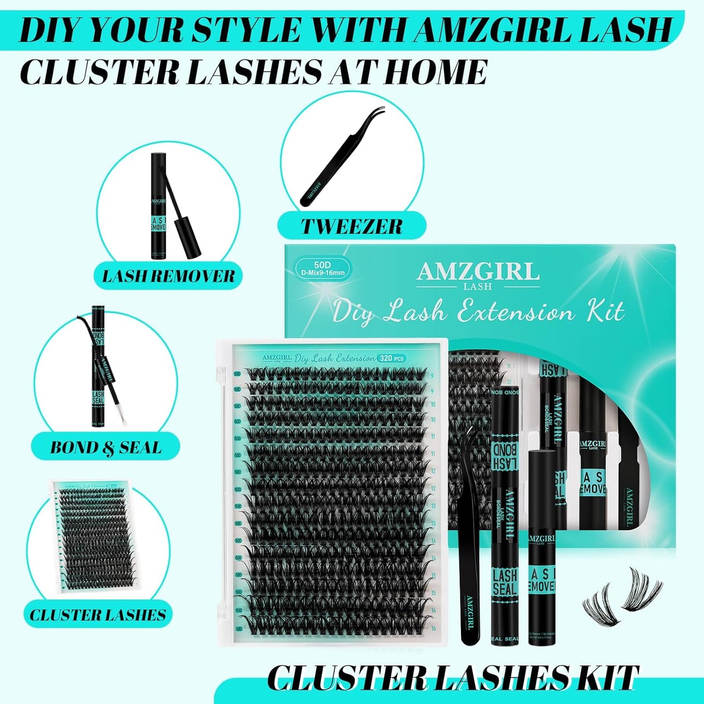 Lash Clusters Kit 320Pcs,50D Eyelash Extension Kit,Lash Bond and Seal Waterproof,Lash Remover for Individual Cluster Lashes Kit,Lash Applicator Tool for DIY Lash Extension Kit(D-Mix9-16mm Kit)