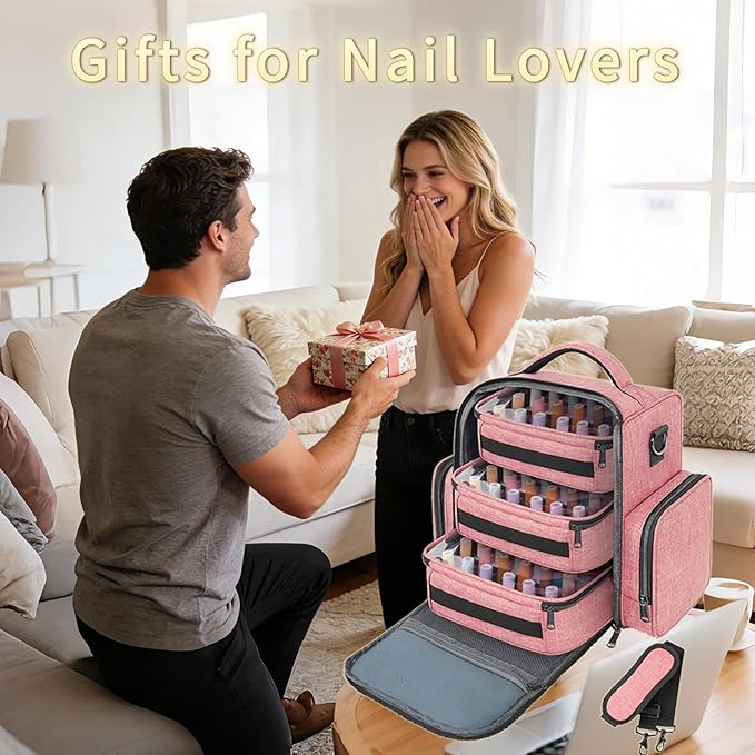 YOREPEK Nail Polish Organizer Holds 72 Bottles (15ml-0.5 fl.oz) Large Nail Polish Carrying Case with 3 Removable Pouches and 4 Zippered Pockets for Manicure Tools, Supplies, Nail Lamp, Gifts for Women