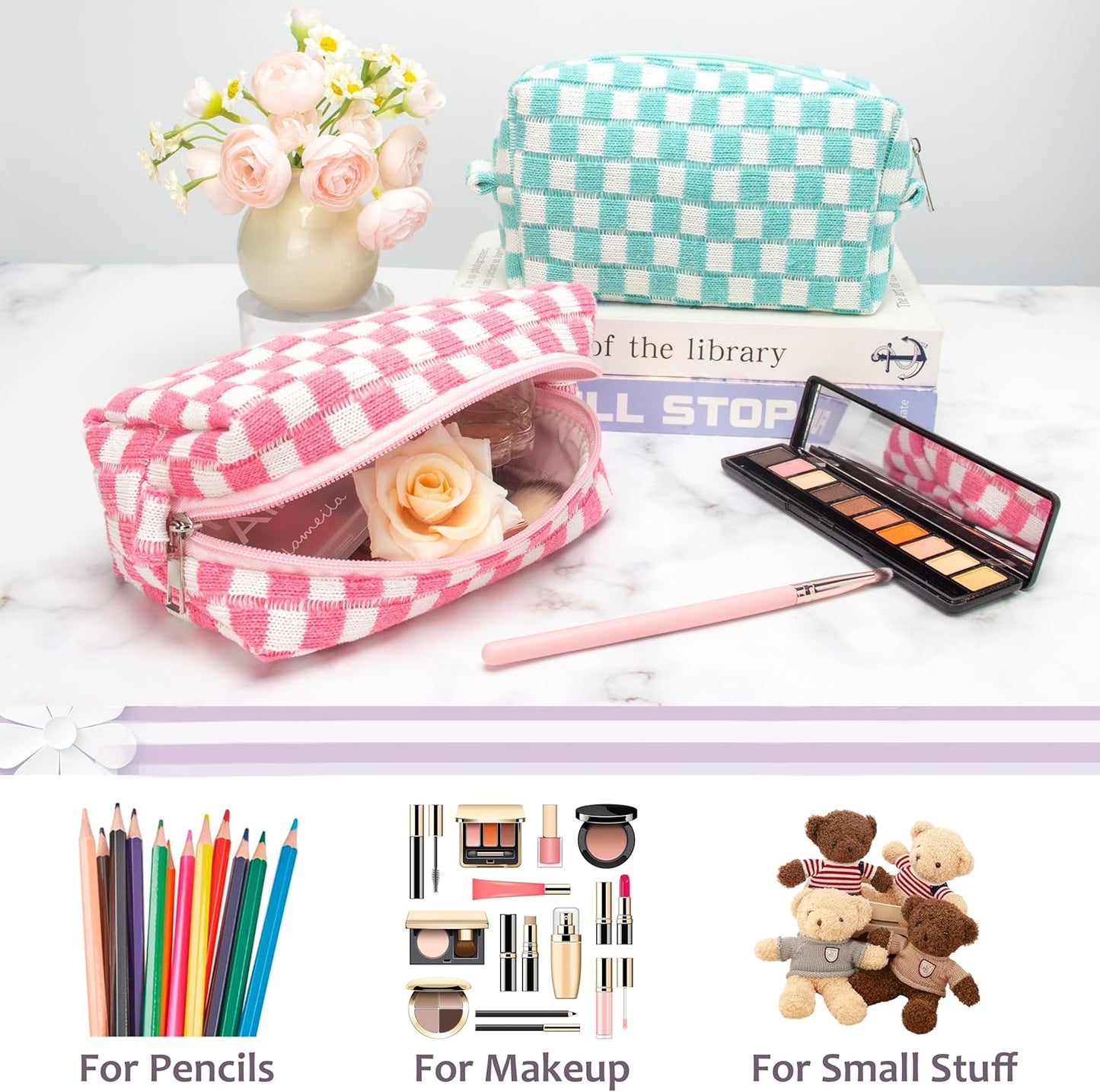 PAZIMIIK Checkered Makeup Bag for Purse Portable Zipper Make Up Pouch Small Cosmetic Case for Travel Accessories (2PCS Pink)