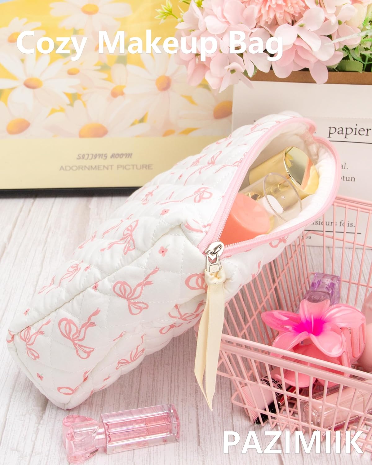 Quilted Makeup Bag Large Travel Zipper Soft Cosmetic Pouch for Women Girls Make Up,Bow Pink