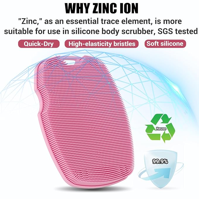Silicone Body Scrubber - Anti Zinc Infused-Highly Elastic Bristles Exfoliating Body Scrubber for Shower Body,Cellulite Reduction,Blood Circulation - Pink