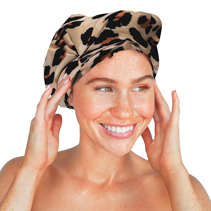 Kitsch Luxury Shower Caps for Women Reusable Waterproof - Large Shower Cap for Women, Non-slip, Quick-dry Hair Cap for Long and Short Hair, Comfortable and Stylish Design - Leopard