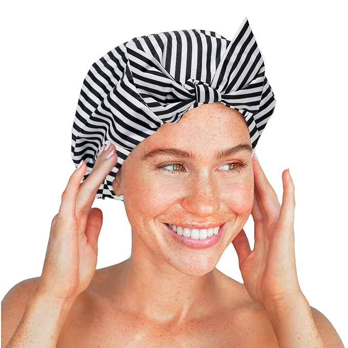 Kitsch Luxury Shower Caps for Women Reusable Waterproof - Large Shower Cap for Women, Non-slip, Quick-dry Hair Cap for Long and Short Hair, Comfortable and Stylish Design - Stripe