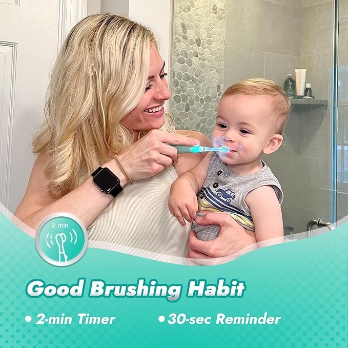 Papablic Toddler Sonic Electric Toothbrush Kids for Ages 1-3 Years, Baby Electric Toothbrush with Cute Dino Cover and Smart LED Timer, 4 Brush Heads (Jo)