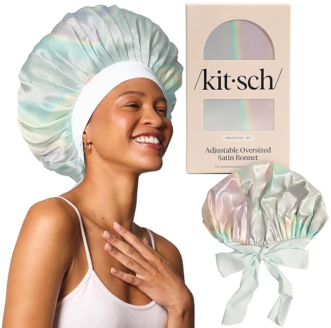 Kitsch XL Satin Bonnet for Sleeping - Softer Than Silk Bonnet For Sleeping Women - Secure Fit, Adjustable, Night Cap For Curly & Textured Hair - Prevents Breakage, Tangles & Thinning - Aura