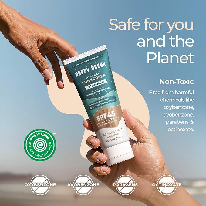 Shimmer Sunscreen SPF 45, Mineral Body Glow with Glitter – Reef Safe Zinc Oxide, Radiant Finish, Face & Body