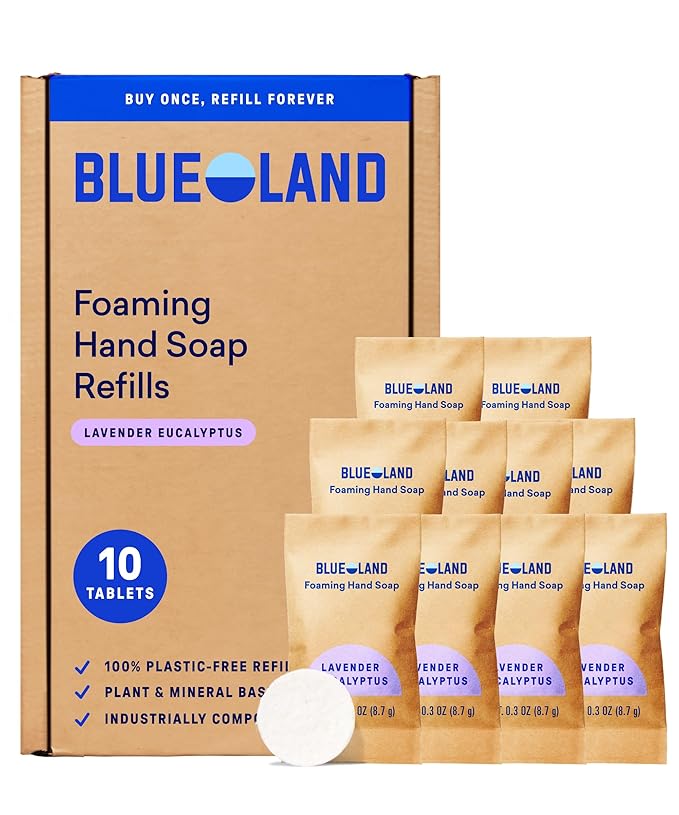 BLUELAND Foaming Hand Soap Refill Tablets, 10-Pack, Lavender Eucalyptus Scent, Eco Friendly Cleaning Products, 10 x 9 Fl oz