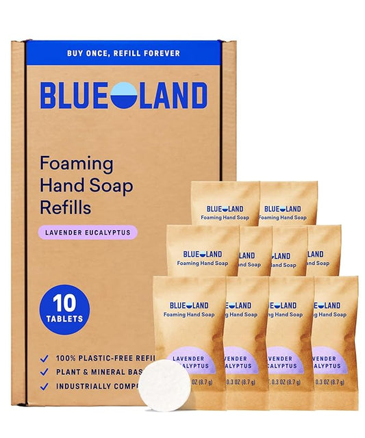 BLUELAND Foaming Hand Soap Refill Tablets, 10-Pack, Lavender Eucalyptus Scent, Eco Friendly Cleaning Products, 10 x 9 Fl oz