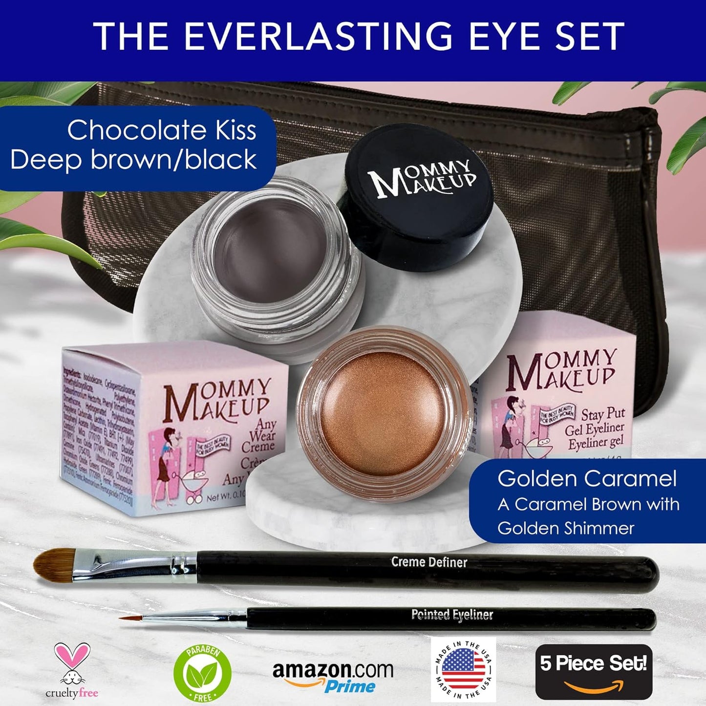 The Everlasting Eye 5 Piece Waterproof Makeup Set. Gel Eyeliner, Creme Eyeshadow, 2 brushes and Mesh Bag. Paraben-free, Talc-free, Cruelty-free. Golden Caramel/Chocolate Kiss 1502