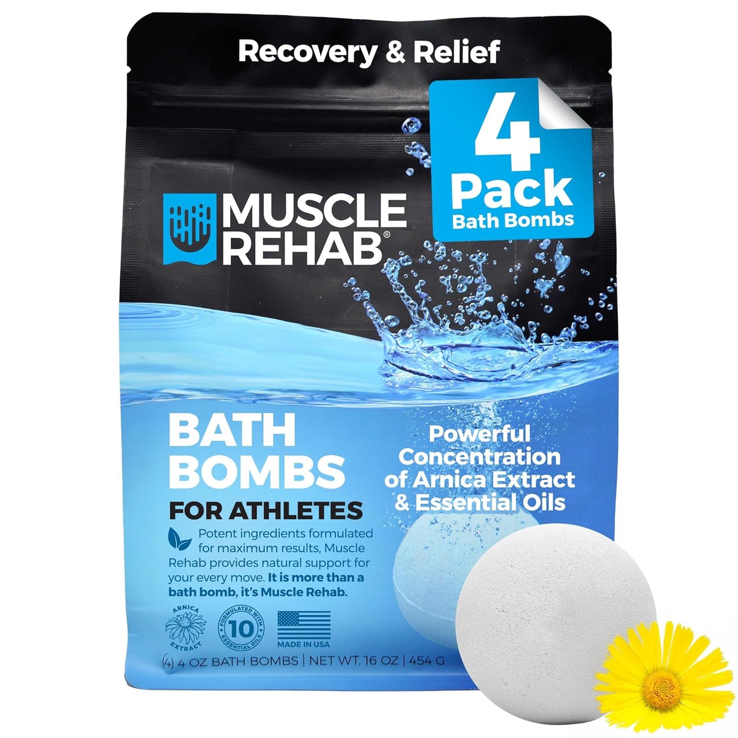 Epsom Salt Bath Bombs with Arnica: Muscle Recovery Bath Soak for Pain & Tension with Turmeric,Clary Sage, Eucalyptus| Magnesium Bath Bombs| Transdermal Bath Soak for Muscle Pain, Muscle Rehab 4 Pack