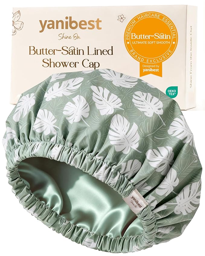 Yanibest Satin Lined Shower Cap for Women Reusable Waterproof, Large Bath Cap with Soft Elastic Band, Luxury Hair Protection Caps (Green Leaves)