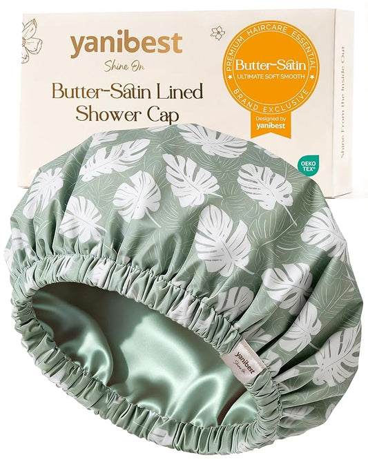 Yanibest Satin Lined Shower Cap for Women Reusable Waterproof, Large Bath Cap with Soft Elastic Band, Luxury Hair Protection Caps (Green Leaves)