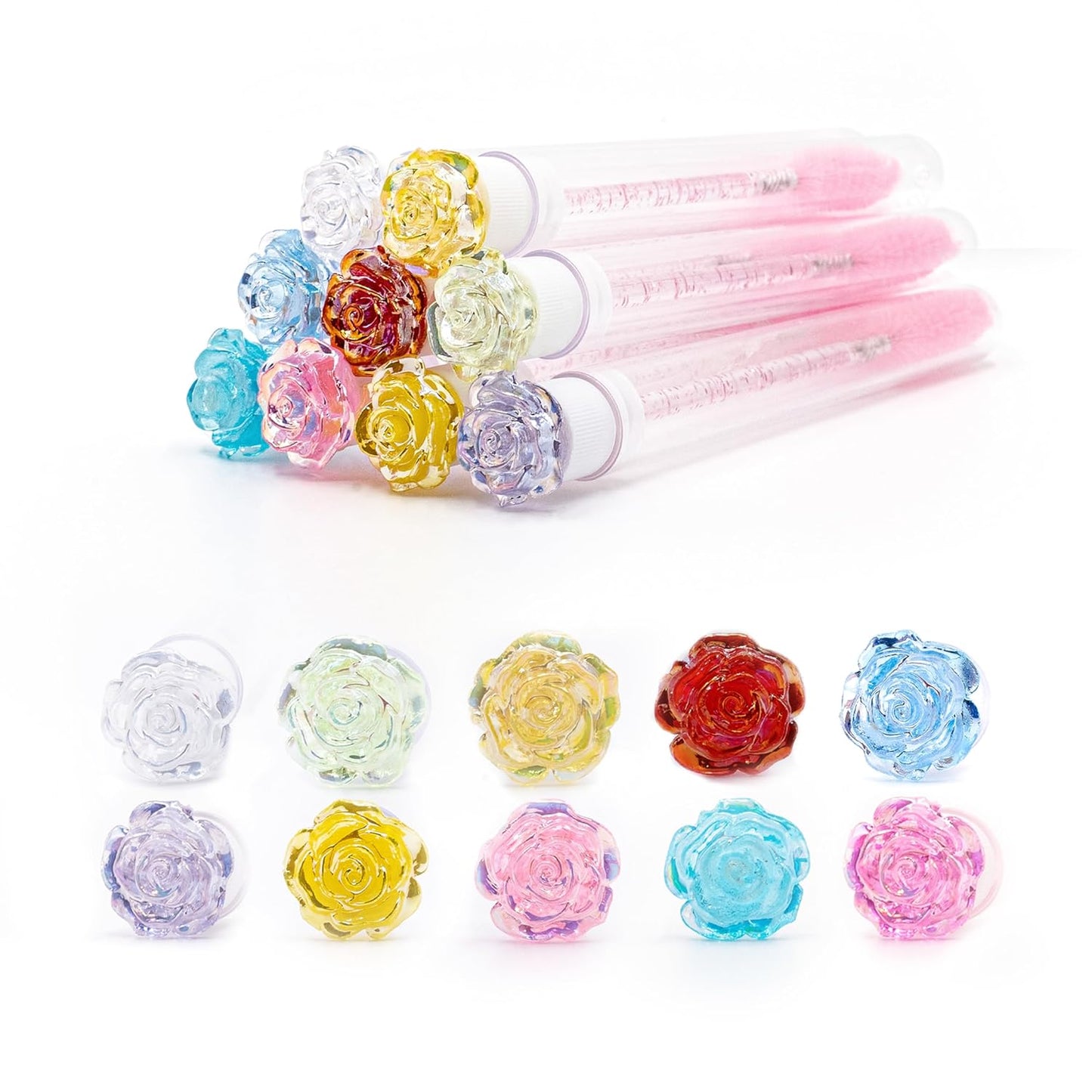 i-Laesh 10Pcs Diamond Disposable Mascara Wands with Tube - Spoolies for Eyelash Extensions, Cleaning & Brow Makeup - Multi-Color Applicator Set (3D Rose)