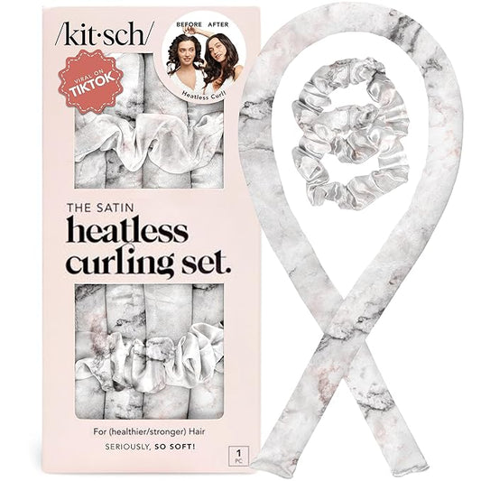 Kitsch Satin Heatless Curlers Set – Heatless Curls Overnight with 34" Hair Curler & 2 Satin Scrunchies, Comfortable No Heat Hair Curlers to Sleep In for Frizz-Free & Non-Damage Styling - Marble