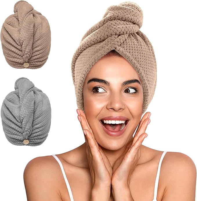 YFONG 2 Pack Microfiber Hair Towel Wrap for Women, Super Absorbent Quick Dry Hair Turban for All Hair Style Anti Frizz, Large Hair Drying Towel with Button