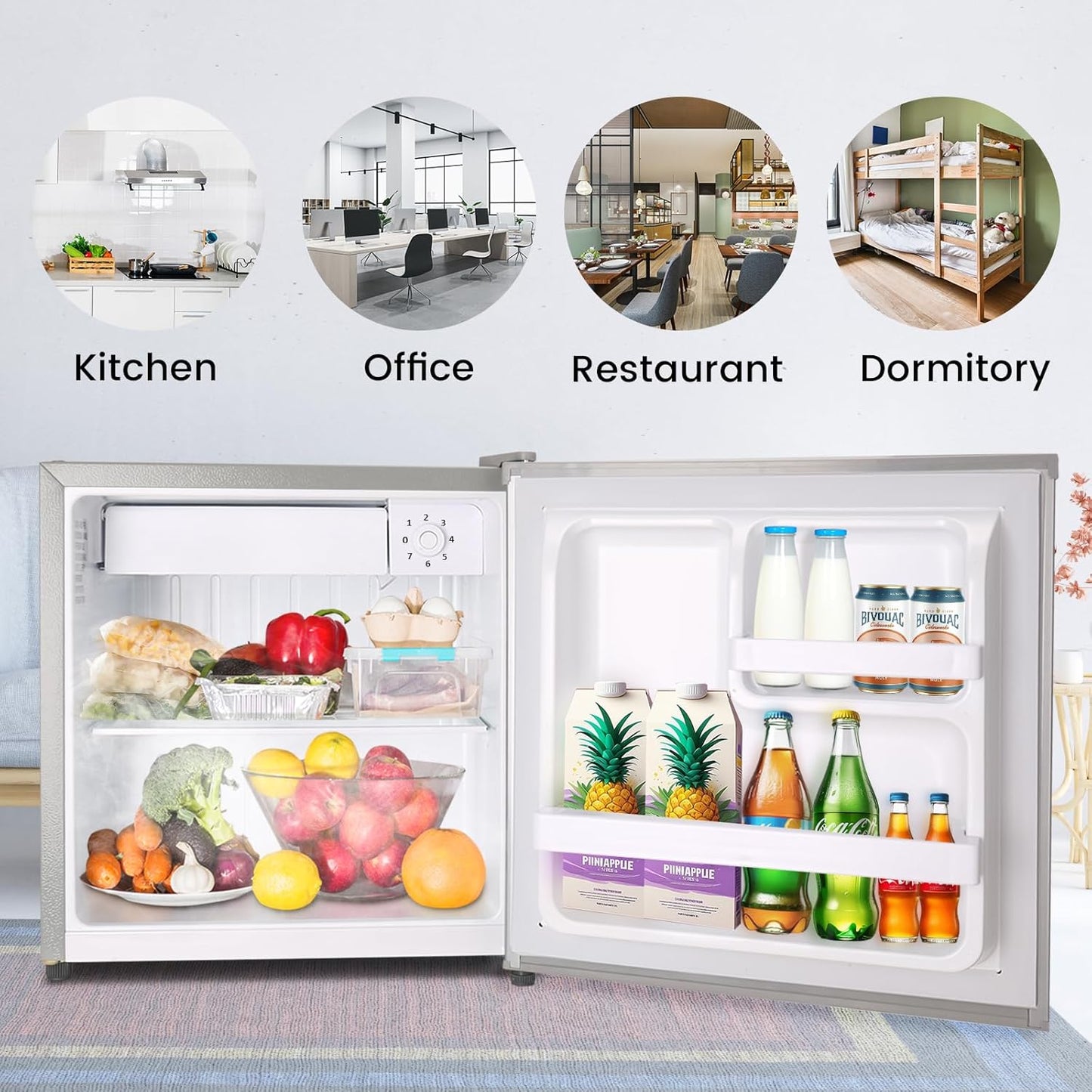 1.6 Cu.ft Mini Fridge with Freezer, Compact Refrigerator, Single Reversible Door, Ultra Quiet, Energy Efficient for Office, Dorm, Bedroom, Apartment, Silver