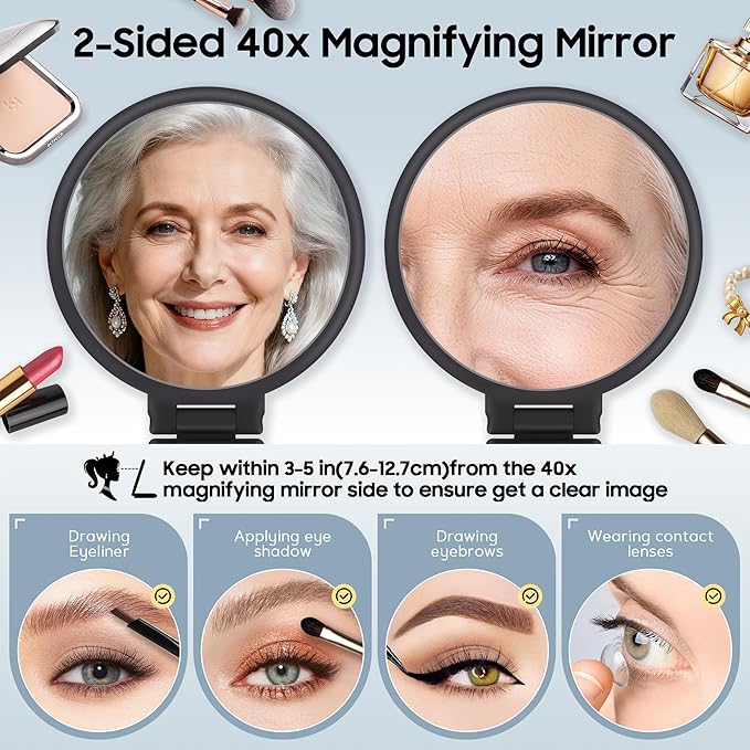 B Beauty Planet 40X Magnifying Mirror, Hand Mirror for Makeup, Double Sided with 40X/1X Magnification, Travel Essential, Portable Foldable for Desktop and Bathroom, Gift for Women, Frosted Black