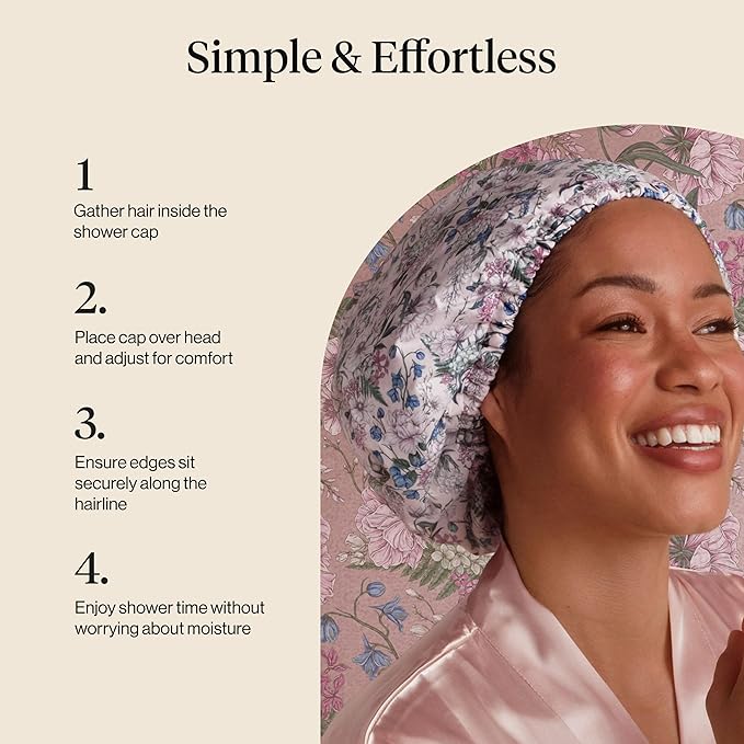 Bridgerton x Kitsch Satin-Lined Flexi Shower Caps for Women Reusable Waterproof - Large Wide Shower Cap for Women & Men, Adjustable, Stylish Hair Cap for Showers, For Long & Short Hair - Wisteria