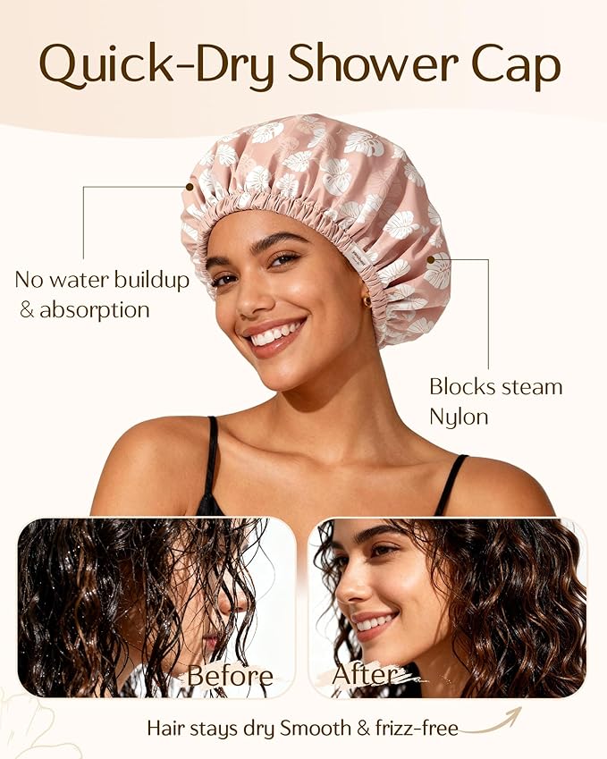Yanibest Satin Lined Shower Cap for Women Reusable Waterproof, Large Bath Cap with Soft Elastic Band, Luxury Hair Protection Caps (Pink Leaves)