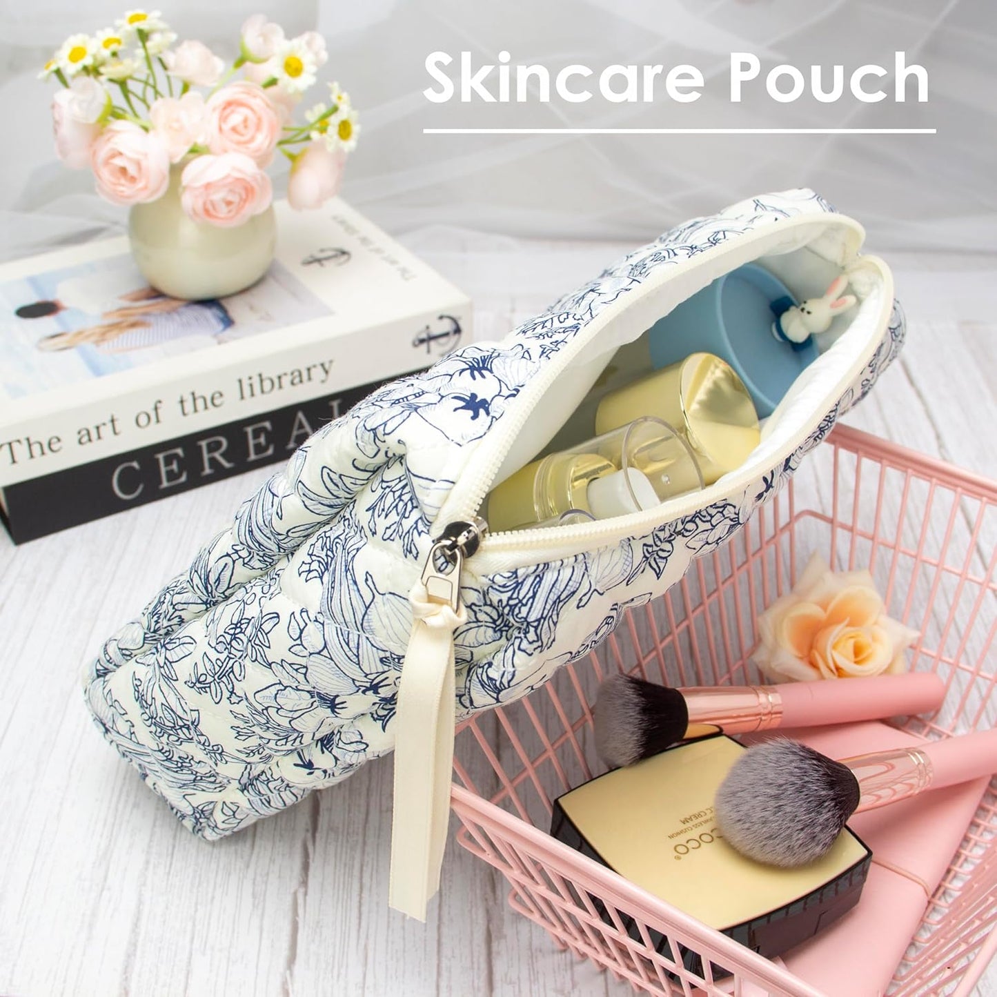 PAZIMIIK Quilted Makeup Bag Large Travel Zipper Soft Cosmetic Pouch for Women Girls Make Up,Flower White