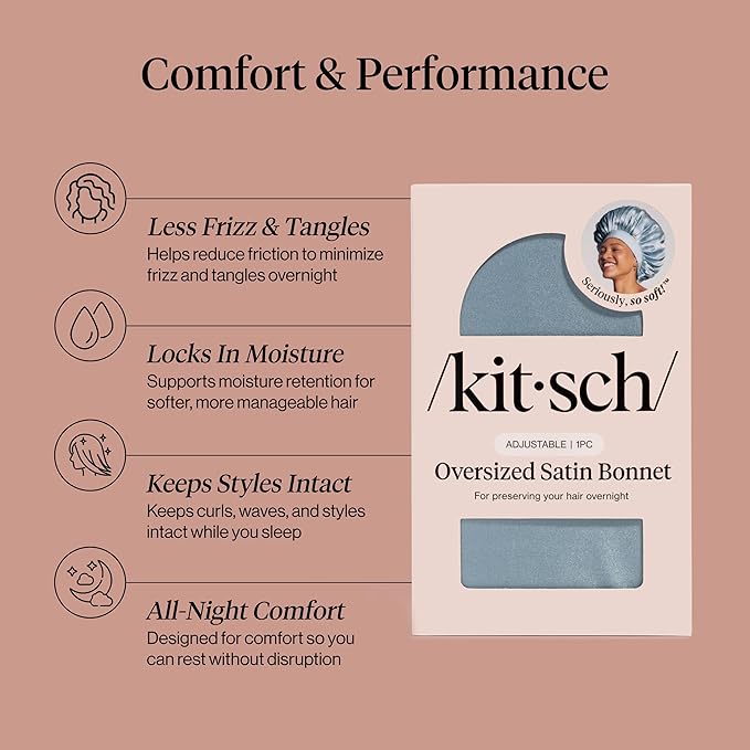 Kitsch XL Satin Bonnet for Sleeping - Softer Than Silk Bonnet For Sleeping Women - Secure Fit, Adjustable, Night Cap For Curly & Textured Hair - Prevents Breakage, Tangles & Thinning - Haze Blue