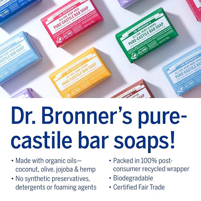 Dr. Bronner's Pure-Castile Magic Bar Soap (5 oz Variety Pack) Almond, Unscented, Lavender, Peppermint, Citrus, Rose, Tea Tree, & Eucalyptus - Made with Regenerative Organic Certified Oils, Vegan