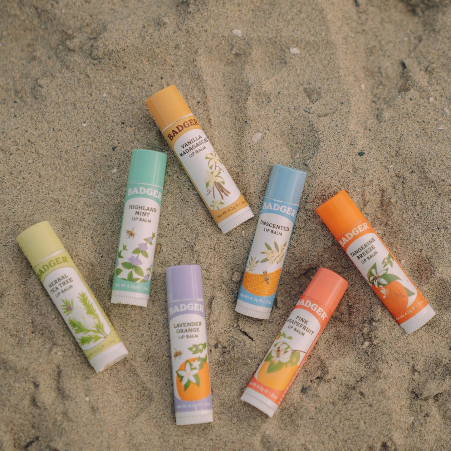 Badger Lavender Orange Classic Lip Balm, 100% Organic Balm, Long Lasting Lip Care w/Light Silky Texture, Uplifting Orange & Calming Lavender Lip Balm, 4 Pack