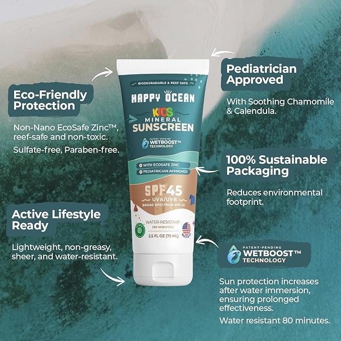 Kids Mineral Sunscreen SPF 45 – Reef Safe, Non-Toxic Sunscreen for Kids, Non-Greasy Zinc Oxide, Travel Size, Water Resistant, Face & Body