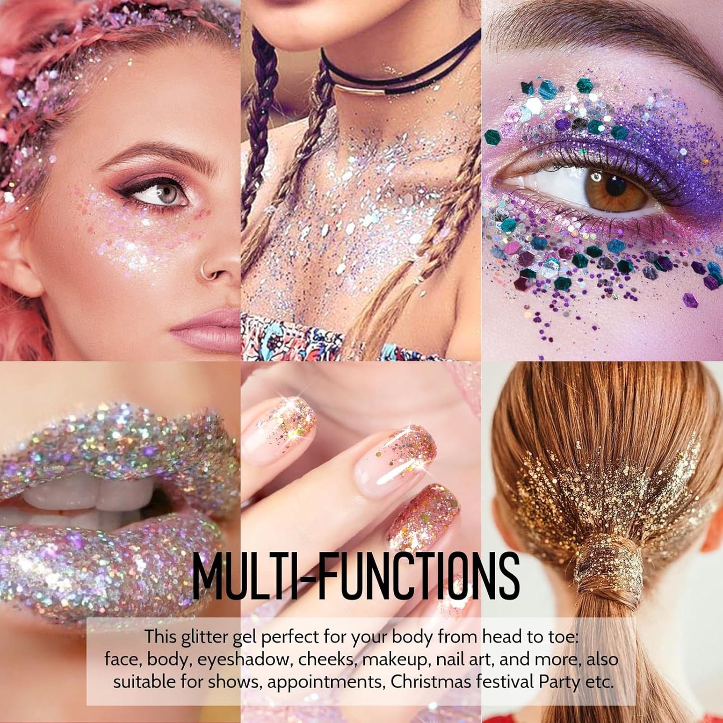 Ownest 12 Colors Holographic Chunky Glitter Gel Set, Christmas Party Makeup Face Body Eye Lips Hair Nail Cosmetic Festival Chunky Glitter Eyeshadow, Mixable, No Need Glue(B)