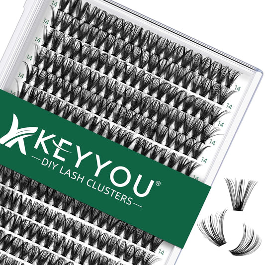 Lash Clusters 300pcs Individual Lashes 40D 0.07C Curl 14mm DIY Eyelash Extension KEYYOU Large Tray Volume Soft&Natural Cluster Lashes(40D-0.07C,14）
