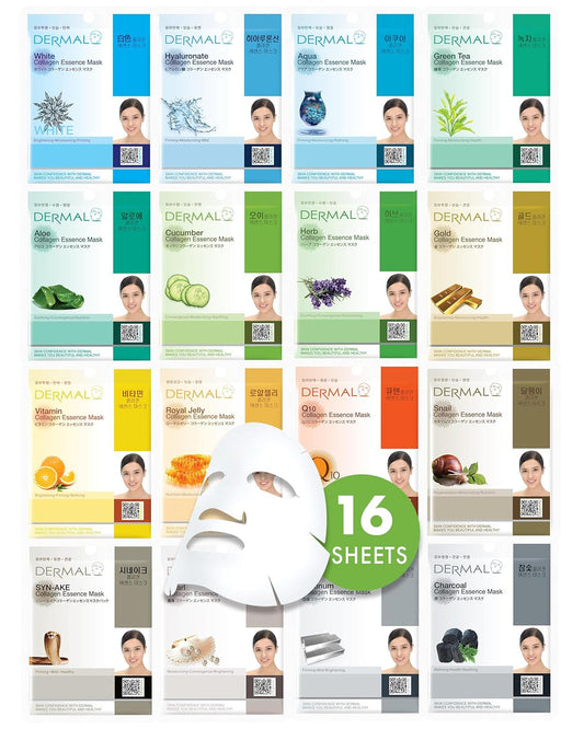 DERMAL Korean Collagen Face Mask – Hydrating & Soothing Sheet Mask with Panthenol – Hypoallergenic Calming Moisture Care for All Skin Types – 16 Combo Pack A