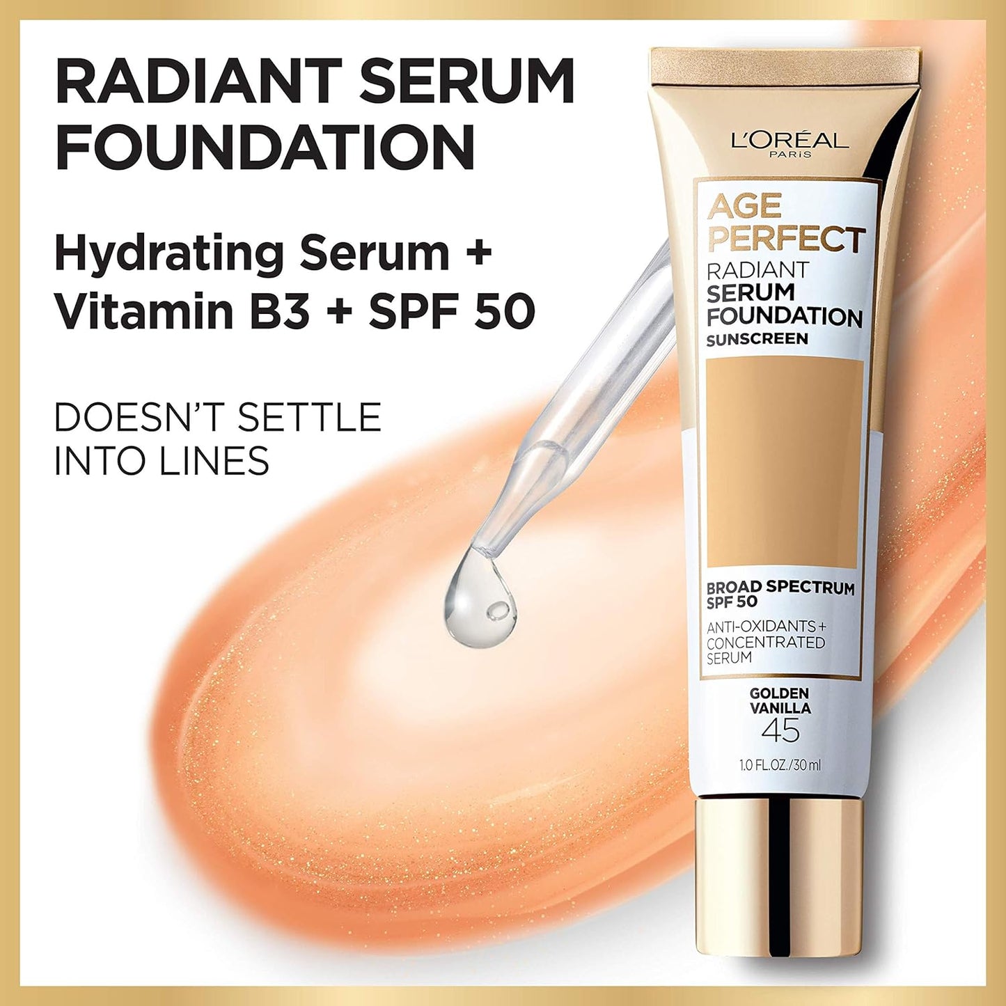 L'Oreal Paris Age Perfect Radiant Serum Foundation with SPF 50, Chestnut, 1 Ounce