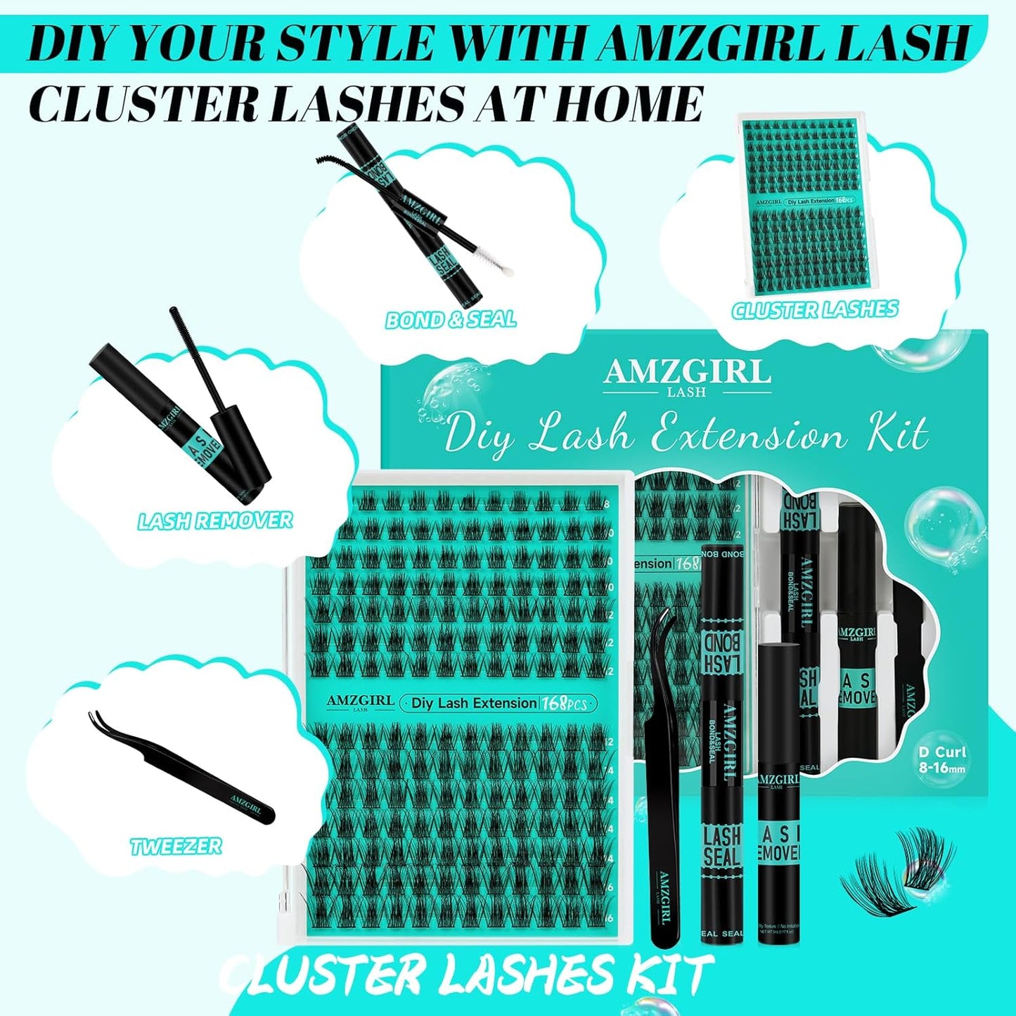 Lash Extension Kit,DIY Eyelash Clusters Kit 168Pcs with Lash Bond and Seal Glue Waterproof,Eyelashes Remover for Lash Cluster Extensions Kit for Beginner,Lashes Applicator Tool(Medusa,D-Mix8-16mm Kit)