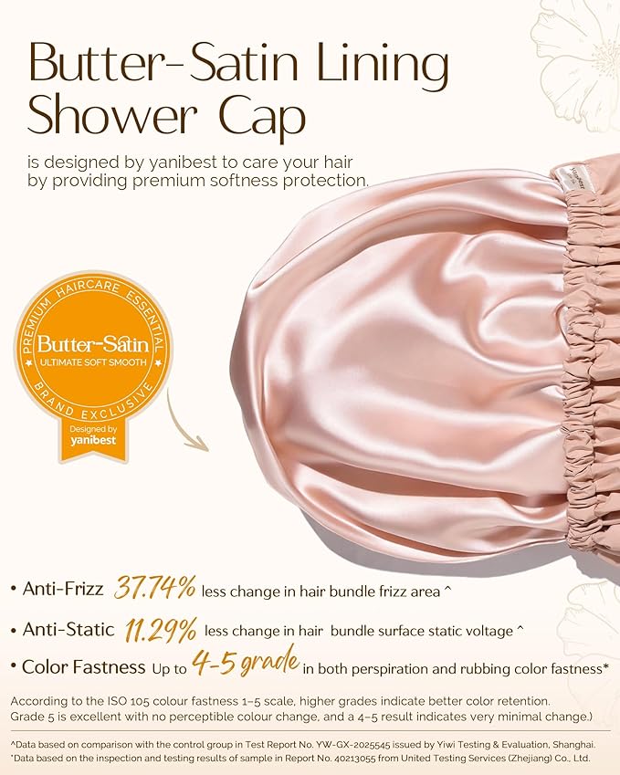 Yanibest Satin Lined Shower Cap for Women Reusable Waterproof, Large Bath Cap with Soft Elastic Band, Luxury Hair Protection Caps (Peachy Pink)