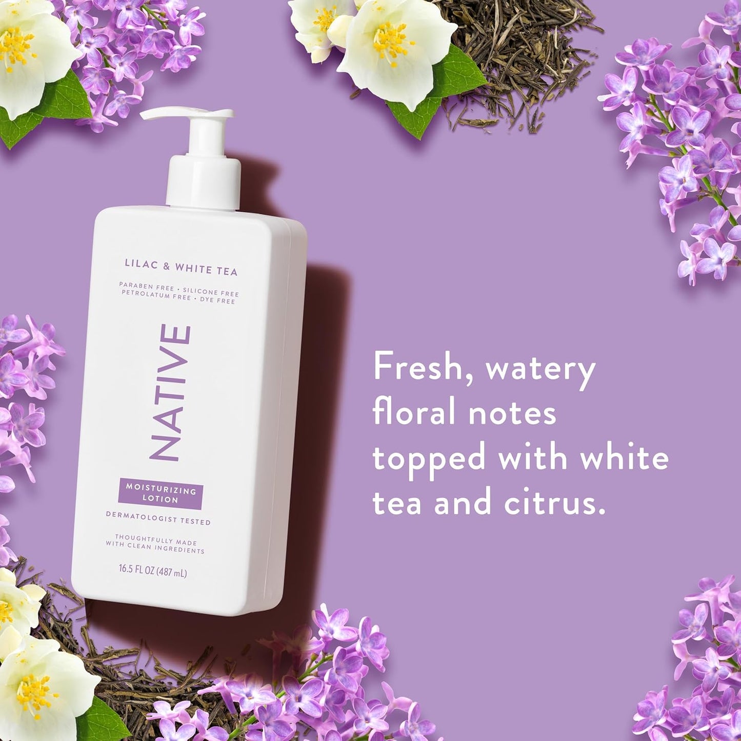 Native Body Lotion Contains Naturally Derived Plant-Based Moisturizers for Women and Men | Restores Dry Skin, Lilac & White Tea, 16.5 fl oz