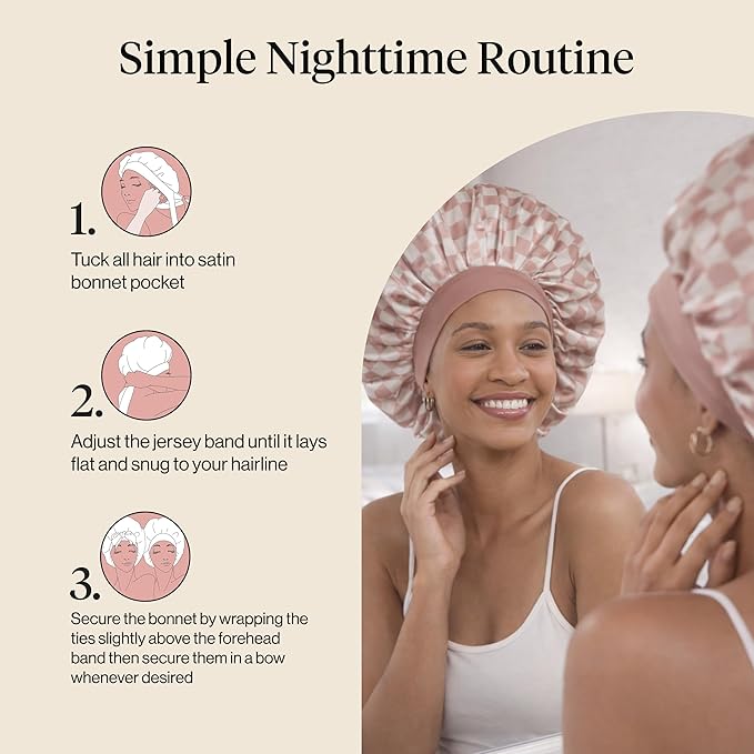 Kitsch XL Satin Bonnet for Sleeping - Softer Than Silk Bonnet For Sleeping Women - Secure Fit Adjustable Night Cap For Curly & Textured Hair, Prevents Breakage, Tangles & Thinning, Terracotta Checker
