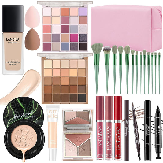 Makeup Set, Makeup Set for Women Full Kit, Eyeshadow Palette, Foundation Concealer CC Cream 3 in 1 Palette, Liquid Lipstick Eyebrow Pencil Eyeliner, Makeup Brush Sponges Makeup Bag