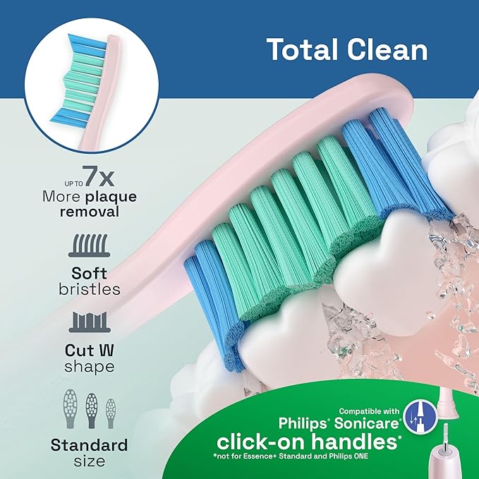 Brushmo Total Clean Replacement Toothbrush Heads, Compatible with Philips Sonicare Click-on Electric Toothbrush Handles, 8 Standard Replacement Heads, Soft Dupont Bristles, BM618, Pink