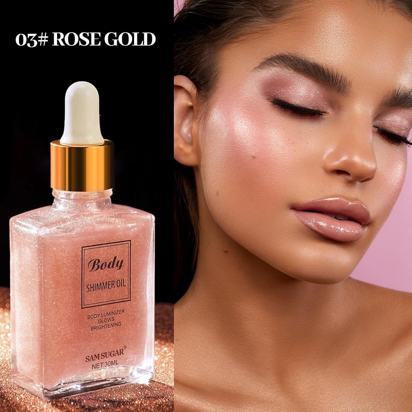 Shimmering Body Oil,Face & Body Glitter Makeup Liquid Highlighter, Moisturizing Body Glitter Dewy Highlighter,Long Lasting Highlighter Face Brighten,Liquid Face Glow Sparkles Body Oil for Women